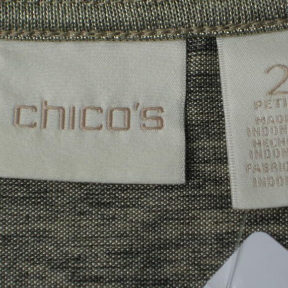 NWT Chicos Metallic Foil Tee Gold Green Sz 2P LP V Neck Elbow Short Sleeves Top - Picture 10 of 12